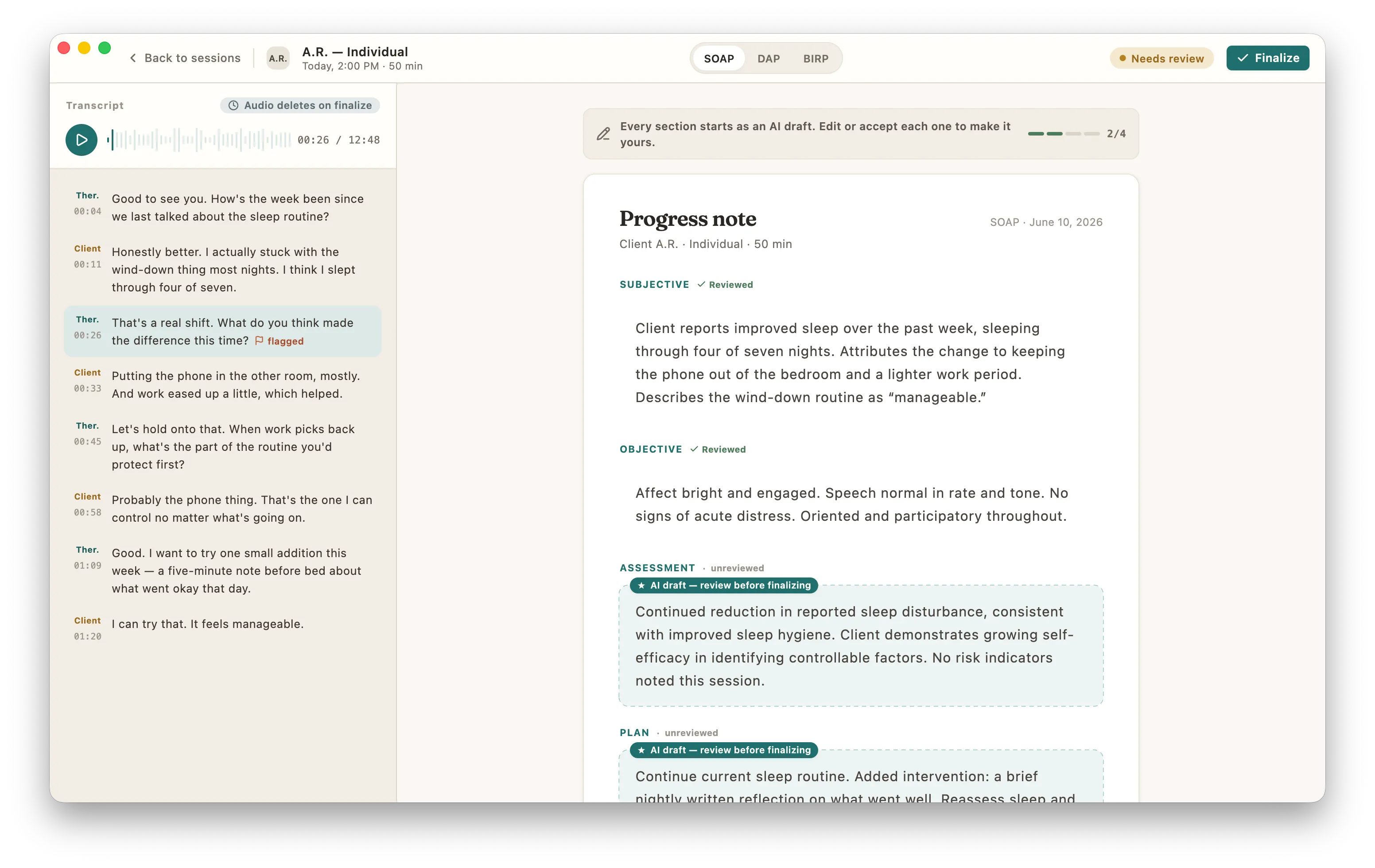 CouchNotes note review screen: a drafted SOAP note beside the session transcript, with an on-device badge in the toolbar