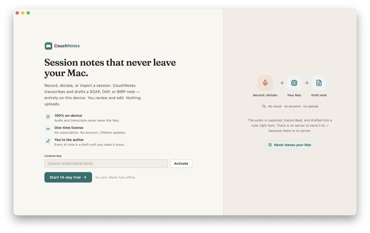 CouchNotes onboarding screen explaining that sessions never leave your Mac, with no cloud and no account